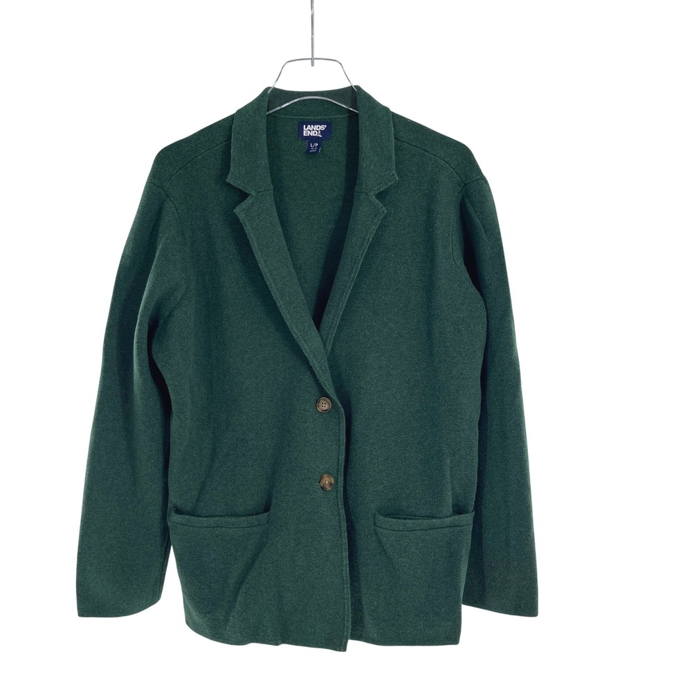 Lands End Women Dark Green Sweater Blazer Cardigan Knit Cotton Office Holiday LP